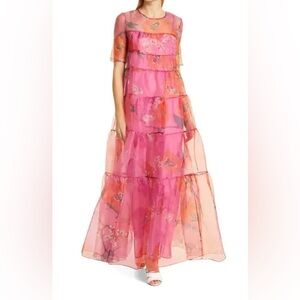 NEW STAUD Hyacinth Organza Floral Tiered Dress in California Poppy Peony Pink, S